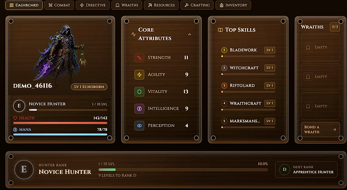 EchoBorn command deck with character stats, rank progress, and smart training cards.
