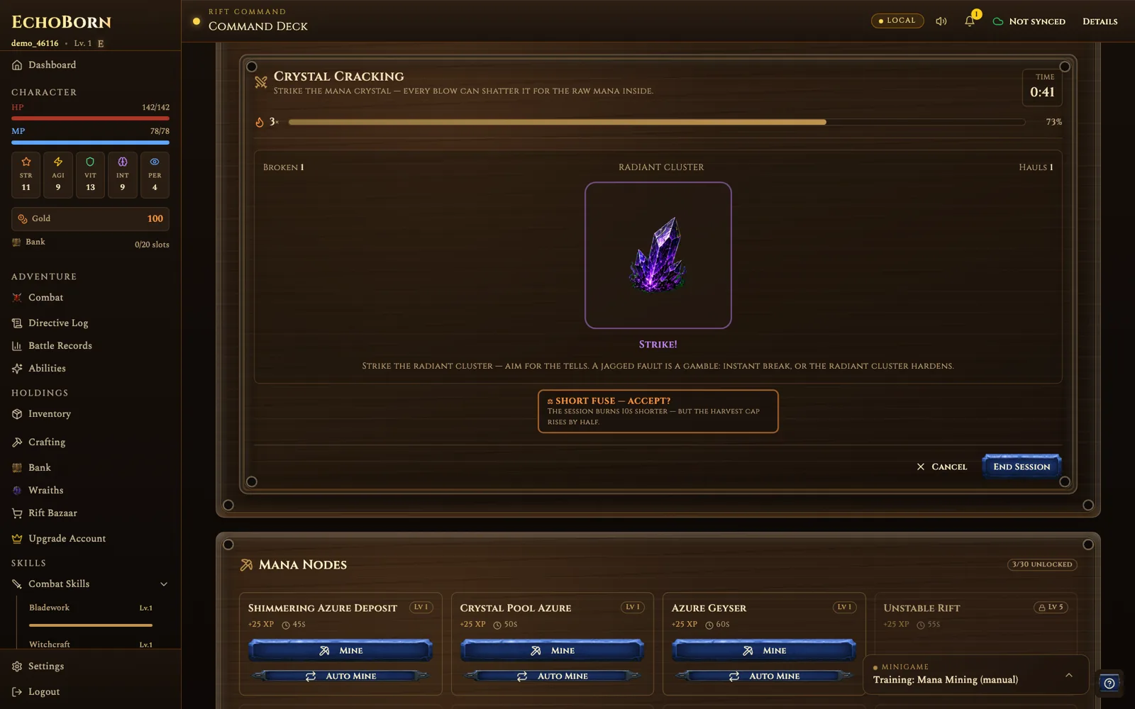 EchoBorn Crystal Cracking mini-game mid-session: striking a mana crystal on a heat streak with a Bloodprice wager active.