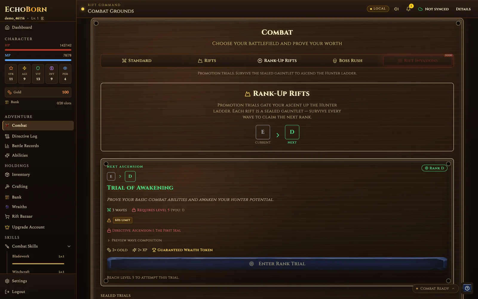 EchoBorn rank-up rift trial showing the E to D promotion gauntlet with requirements.